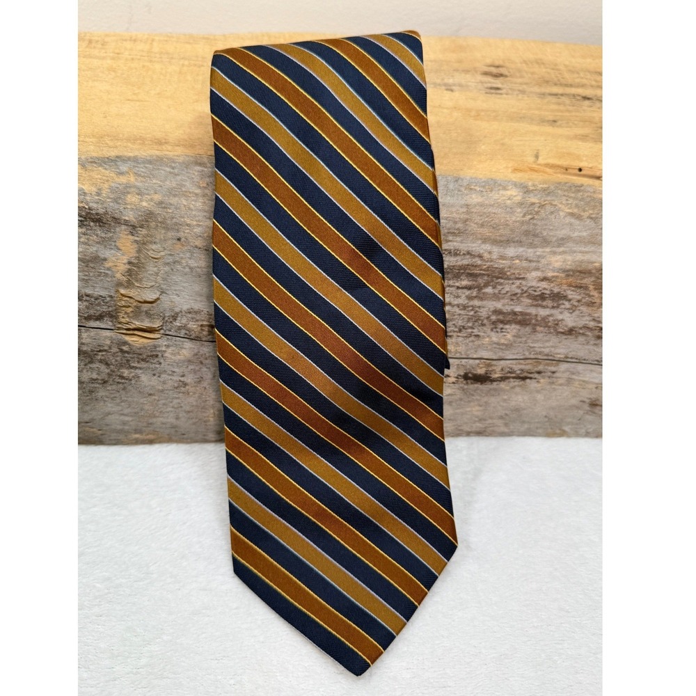 Hart Schaffner Marx Mens Silk Necktie Navy Blue Gold Striped Hand Tailored USA